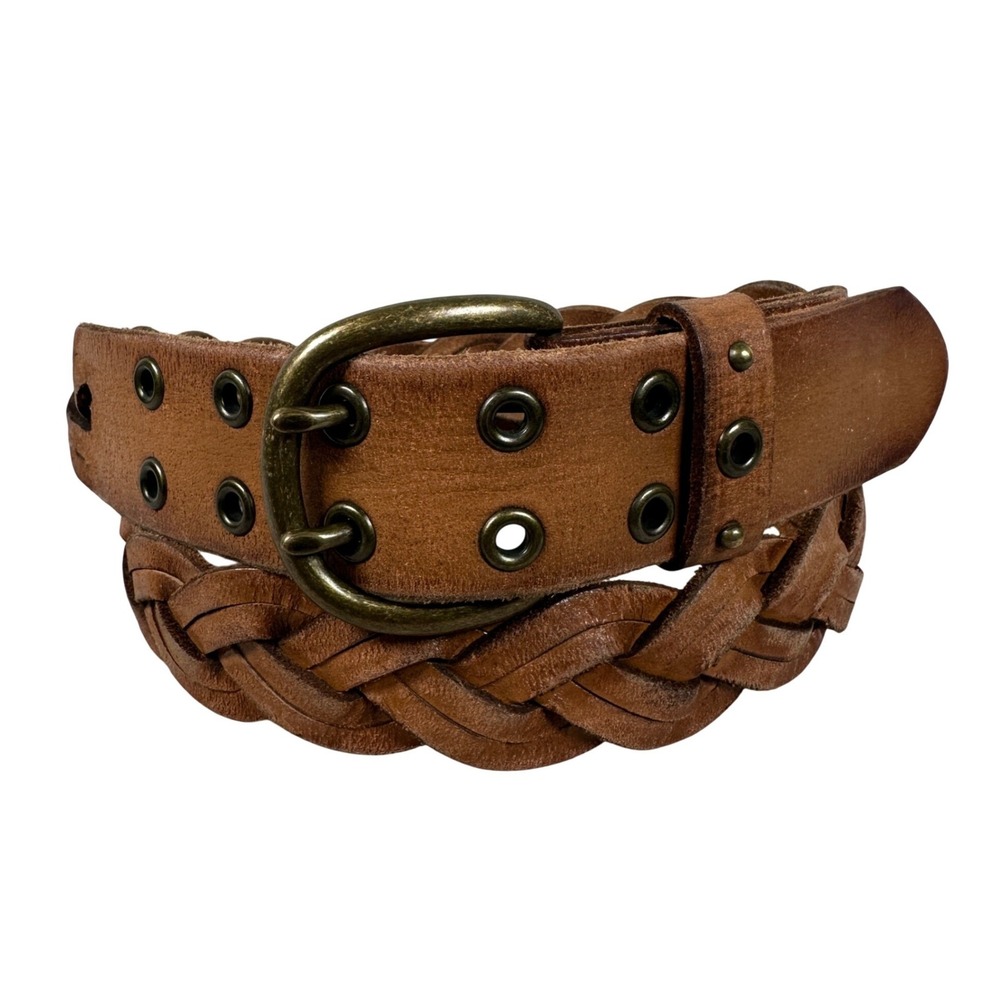 Vintage Brown‎ Braided Genuine Leather Belt XL Double Prong Buckle Wide Boho